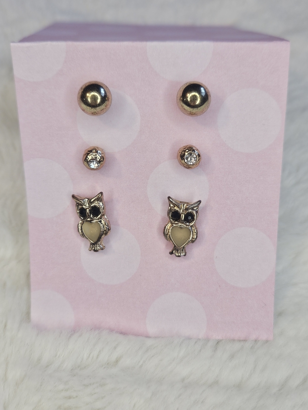 Set/3 Gold Tone Owl & Stud Earrings
